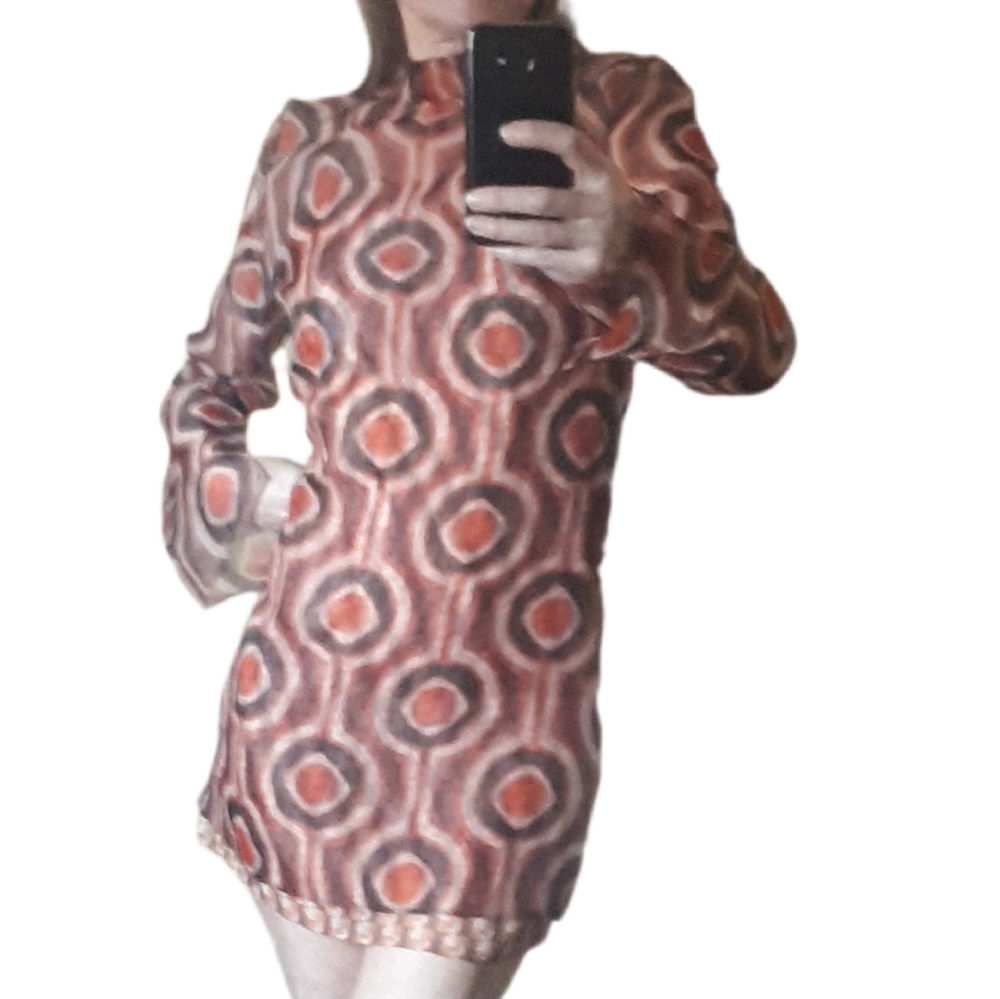 Zara Long Sleeve Brown and Orange Go Go Dress